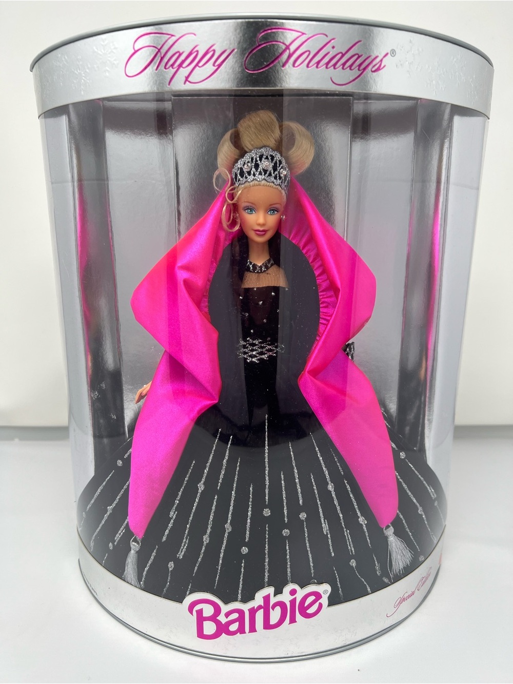 Barbie 1998 Happy Holidays Doll with Hot Pink Cape and Black Gown